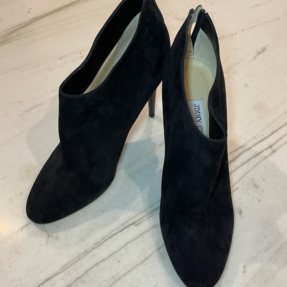 Jimmy Choo black suede round toe high heeled booties